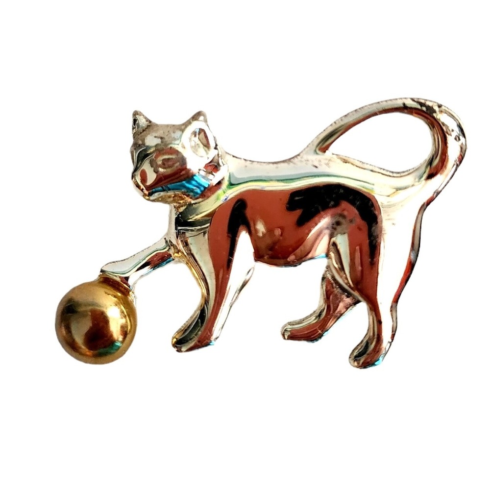 Vintage Silver Tone Cat Playing‎ with Gold Tone Ball Pin Brooch